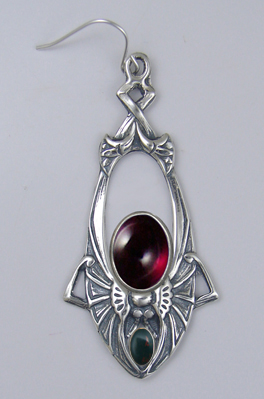 Sterling Silver Dramatic Art Deco Drop Dangle Earrings With Garnet And Bloodstone